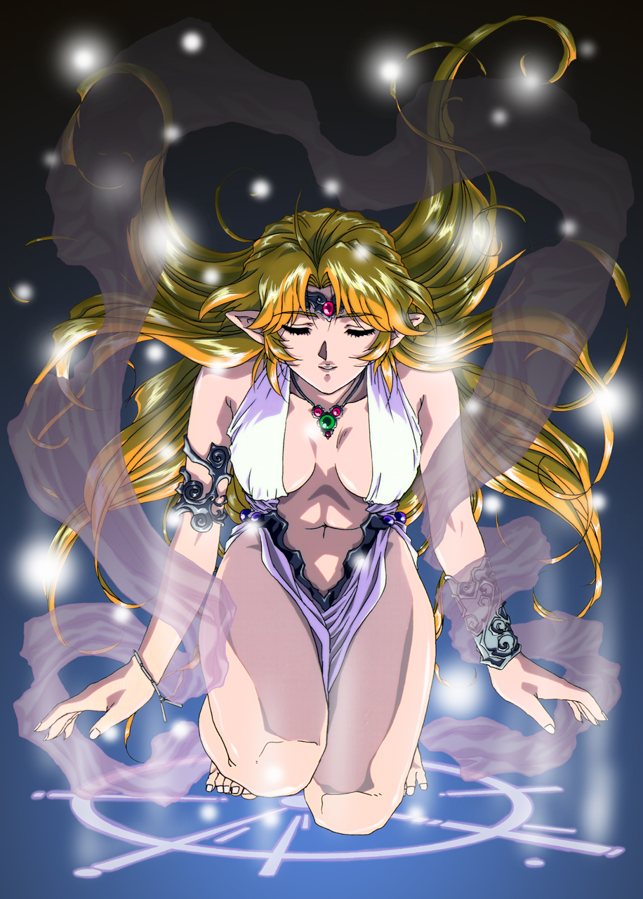 armlet bare_legs bare_shoulders barefoot blonde_hair bracelet breasts breasts_apart center_opening closed_eyes dress eyebrows_visible_through_hair highres jewelry kneeling kono_yo_no_hate_de_koi_wo_utau_shoujo_yu-no legs long_hair magic_circle medium_breasts navel necklace no_panties official_art parted_lips pointy_ears shawl smile solo thighs tiara very_long_hair wind wind_lift yu-no
