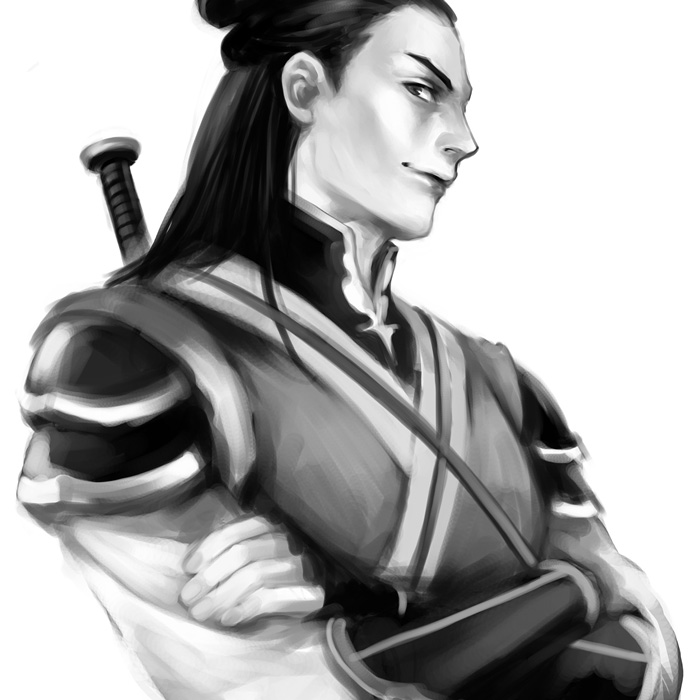 avatar:_the_last_airbender avatar_(series) crossed_arms greyscale long_hair magatsumagic male_focus monochrome older solo topknot zuko