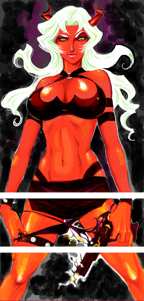 breasts cleavage demon_girl green_eyes green_hair gun horns large_breasts lips long_hair midriff navel panties panty_&amp;_stocking_with_garterbelt panty_pull red_skin scanty_(psg) solo stitched studded_bracelet tegaki third-party_edit underwear weapon