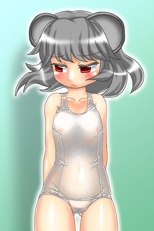 :&lt; alternate_costume animal_ears blush collarbone flat_chest grey_hair looking_away mouse_ears nazrin nipples one-piece_swimsuit red_eyes school_swimsuit see-through short_hair solo swimsuit touhou white_school_swimsuit white_swimsuit winn