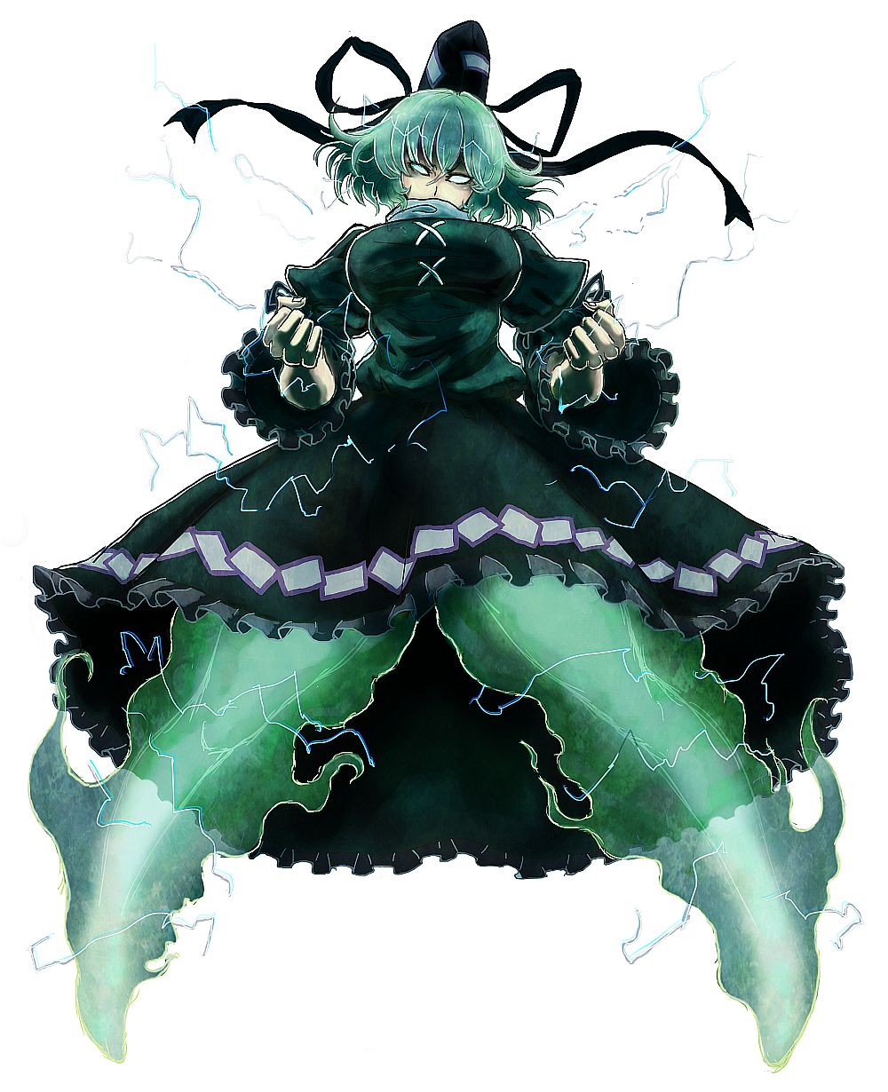 blank_eyes breasts clenched_hands dress electricity ghost_tail green_dress green_hair hat highres large_breasts short_hair simple_background soga_no_tojiko solo tate_eboshi terrajin touhou white_background