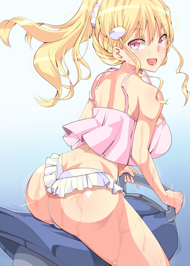 amasora_taichi ass blonde_hair breasts earrings exercise gradient gradient_background hair_ornament jewelry large_breasts long_hair looking_back open_mouth original pink_eyes ponytail simple_background smile solo sweat wet