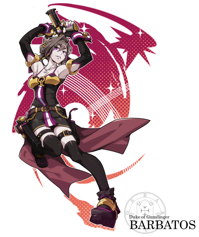 armpits arms_up ars_goetia barbatos_(mygrimoire) black_hair black_legwear character_name fingerless_gloves full_body gloves gun jewelry kyousaku md5_mismatch mygrimoire necklace pale_skin purple_eyes shoes short_hair skirt smile solo standing standing_on_one_leg thighhighs weapon white_background