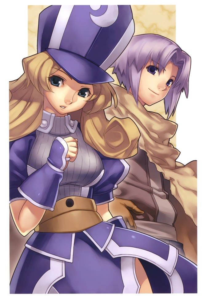 1girl artist_request blonde_hair blue_eyes cape chiffon_(spectral_force) curly_hair dress hat langeais_(spectral_force) long_hair official_art purple_eyes purple_hair scan smile spectral_(series) spectral_force