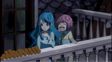 2girls akb0048 animated animated_gif blue_hair character_request eat eating female female_only lowres motomiya_nagisa multiple_girls pink_hair sono_chieri