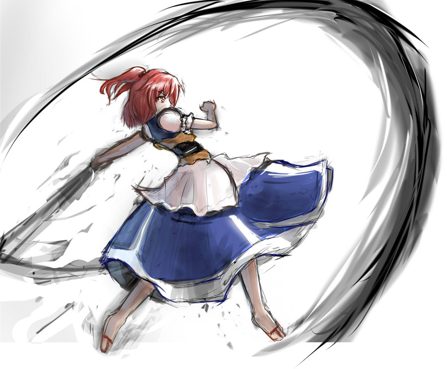 attack clenched_hands dress female hair_bobbles hair_ornament japanese_clothes onozuka_komachi pink_eyes pink_hair puffy_short_sleeves puffy_sleeves rough sandals scythe short_hair short_sleeves sketch solo touhou twintails weapon