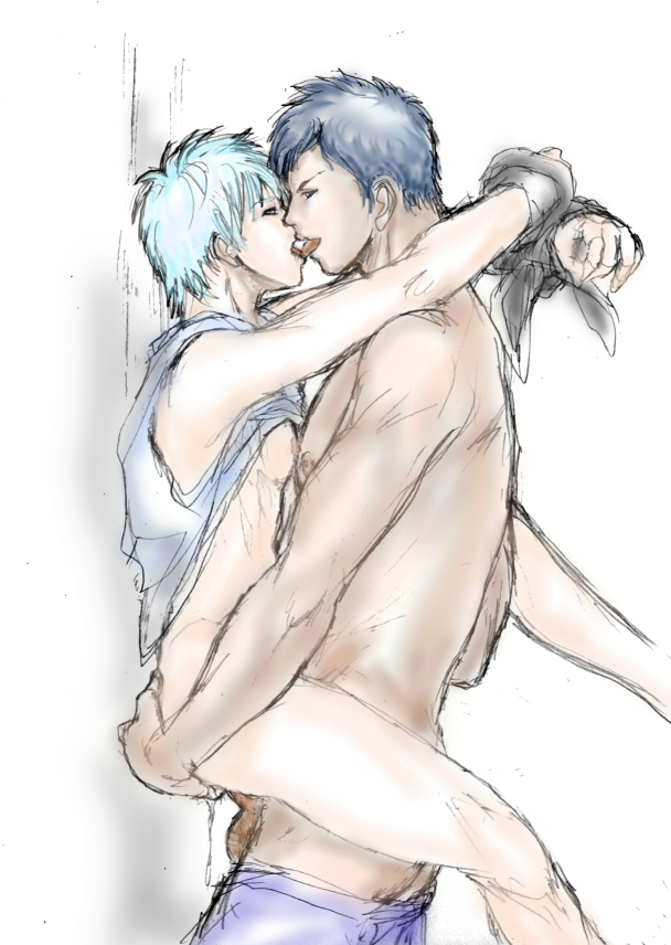 anal aomine_daiki blue_eyes blue_hair bottomless cum cum_in_ass kiss kuroko_no_basuke kuroko_tetsuya tagme topless yaoi