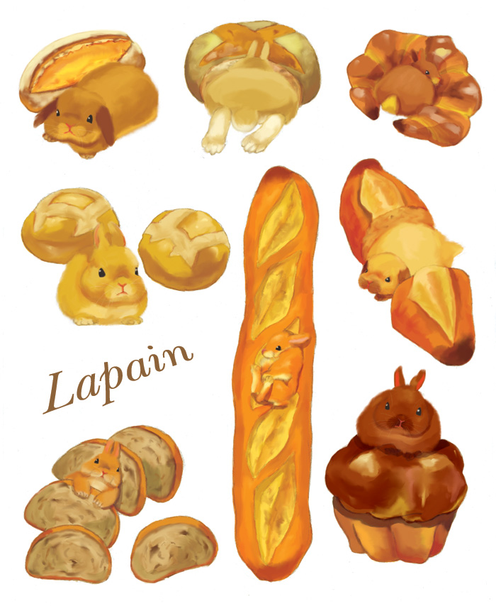 act_(artist) ambiguous_gender bread bun croissant cupcake cute english_text food hiding humor lagomorph mammal muffin plain_background pun rabbit sandwich_(food) text toast white_background