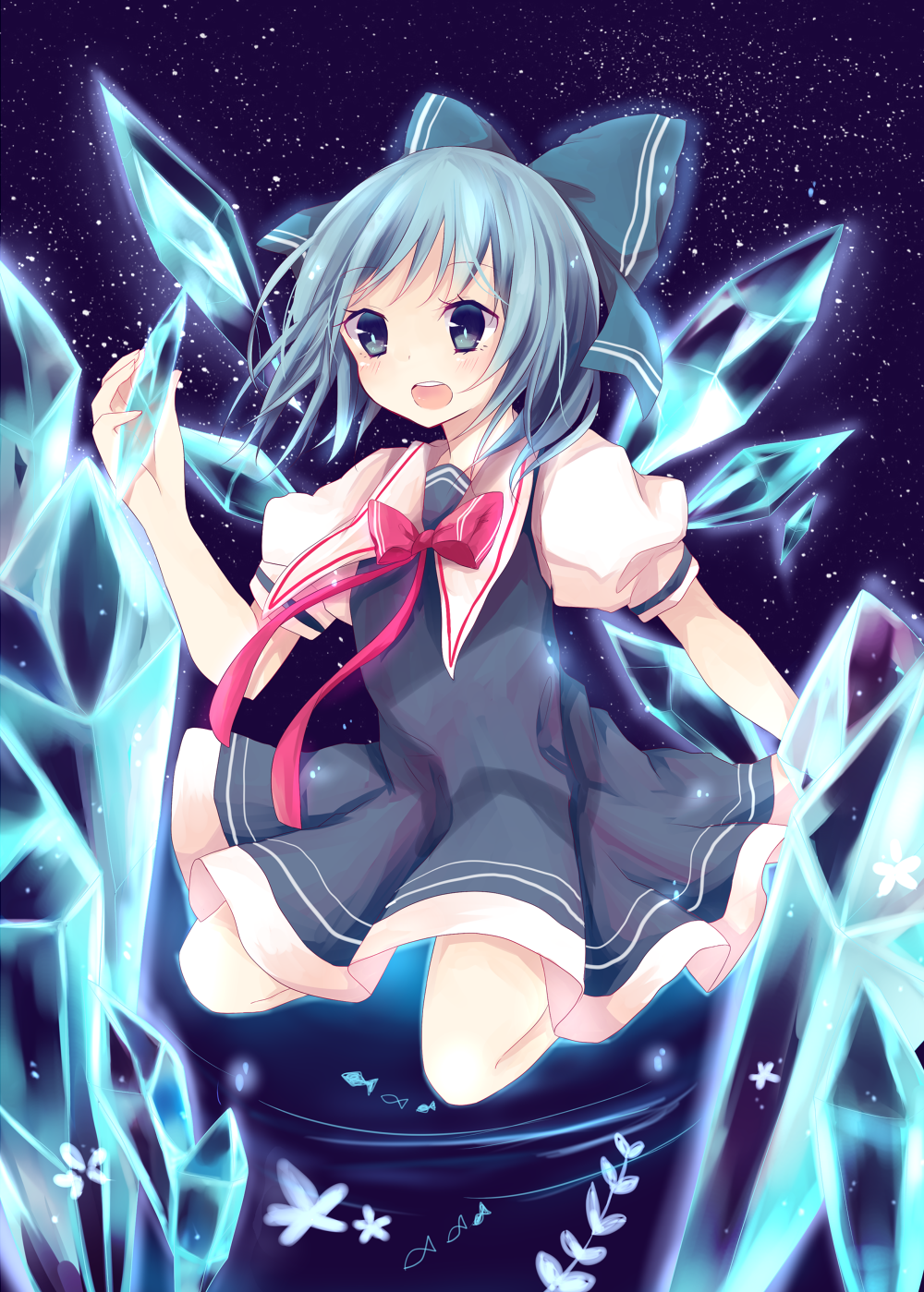 bad_id bad_pixiv_id blue_eyes blue_hair bow cirno hair_bow highres ice ice_wings open_mouth puffy_sleeves renka913 short_hair short_sleeves solo touhou wings