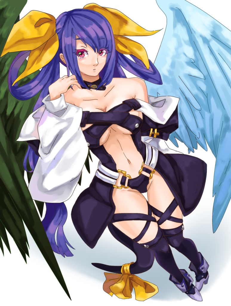 asymmetrical_wings bad_id bad_pixiv_id bare_shoulders black_legwear blue_hair boots bow breasts choker detached_sleeves dizzy feathers foreshortening guilty_gear hair_bow jerun large_breasts long_hair navel open_mouth red_eyes ribbon solo tail tail_ribbon thighhighs twintails wings