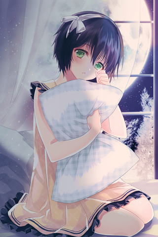 asmis_hara bandages banned_artist black_hair clenched_hand frills full_moon green_eyes hair_between_eyes holding lowres moon night open_mouth pillow reum seiza short_hair sitting solo sword_girls