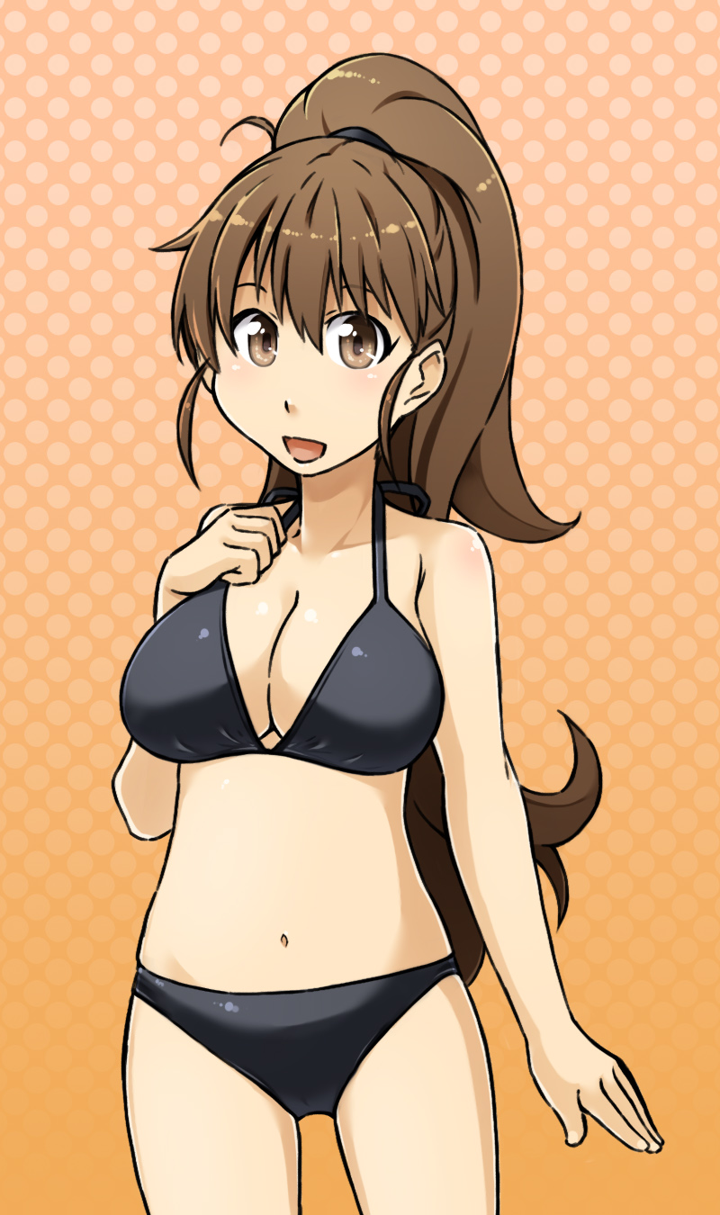 alto-00 bikini black_bikini breasts brown_eyes brown_hair cleavage highres large_breasts long_hair ponytail solo swimsuit taneshima_popura working!!