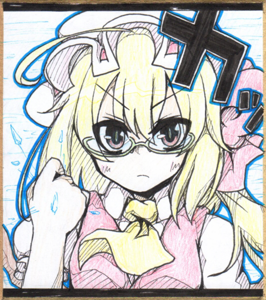ahoge bespectacled blonde_hair bow clenched_hands earlgrey flandre_scarlet glasses hair_bow hat parody persona persona_4 puffy_sleeves red_eyes shikishi short_hair short_sleeves side_ponytail solo touhou traditional_media