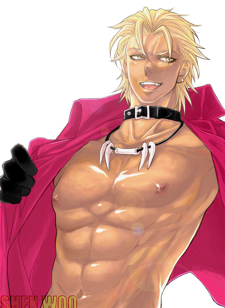 1boy abs blonde_hair collar earrings gloves jacket jewelry king_of_fighters male male_focus muscle necklace open_clothes open_shirt shen_woo shirt short_hair solo white_background