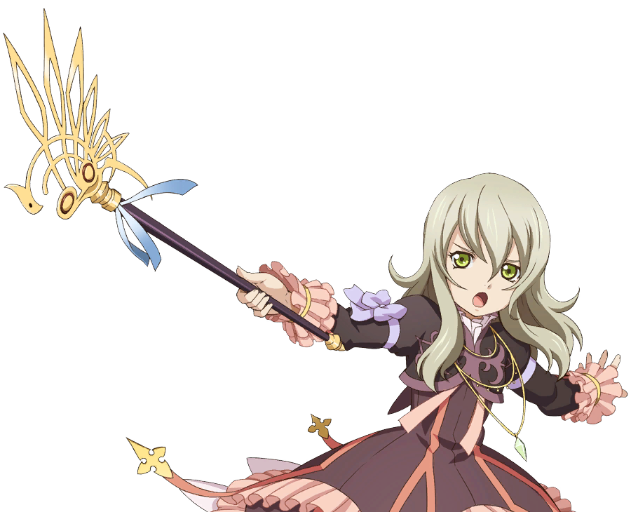 :o artist_request blonde_hair bow cropped_jacket dress elize_lutus frills green_eyes jewelry official_art pendant purple_dress ribbon short_hair solo staff tales_of_(series) tales_of_xillia transparent_background