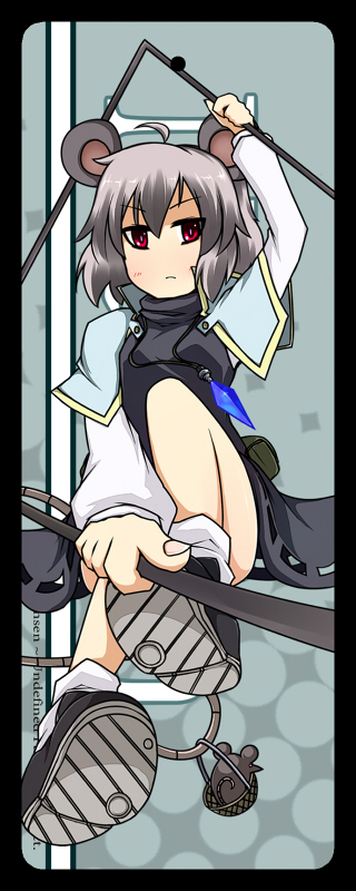 ahoge animal_ears basket capelet dowsing_rod dual_wielding earlgrey grey_hair holding jewelry long_sleeves mouse mouse_ears mouse_tail nazrin pendant pouch red_eyes short_hair solo tail touhou