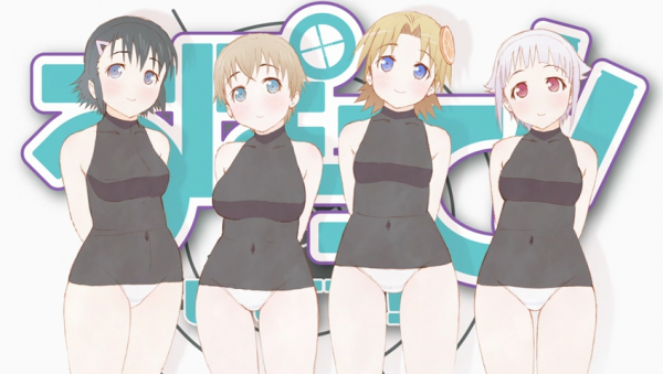 black_hair blonde_hair blue_eyes blush breasts brown_hair fnc_(upotte!!) l85a1_(upotte!!) m16a4_(upotte!!) multiple_girls official_art one-piece_swimsuit red_eyes school_swimsuit sg550_(upotte!!) short_hair silver_hair smile swimsuit upotte!!