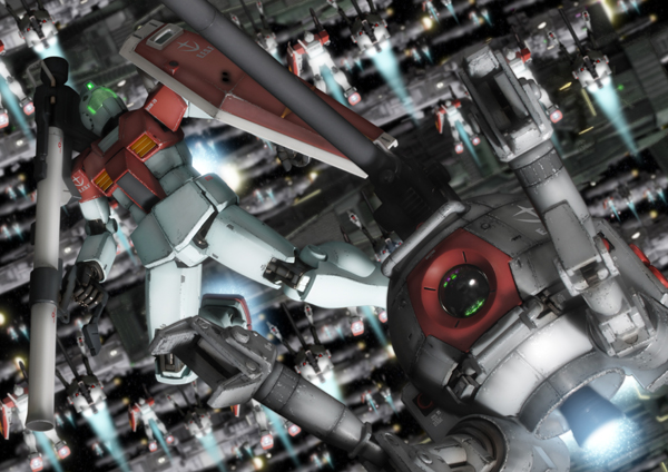 ball_(gundam) cannon dutch_angle exhaust gm_(mobile_suit) gun gundam helmet holding holding_gun holding_weapon huge_weapon mecha no_humans robographer robot_joints shield solo_focus weapon