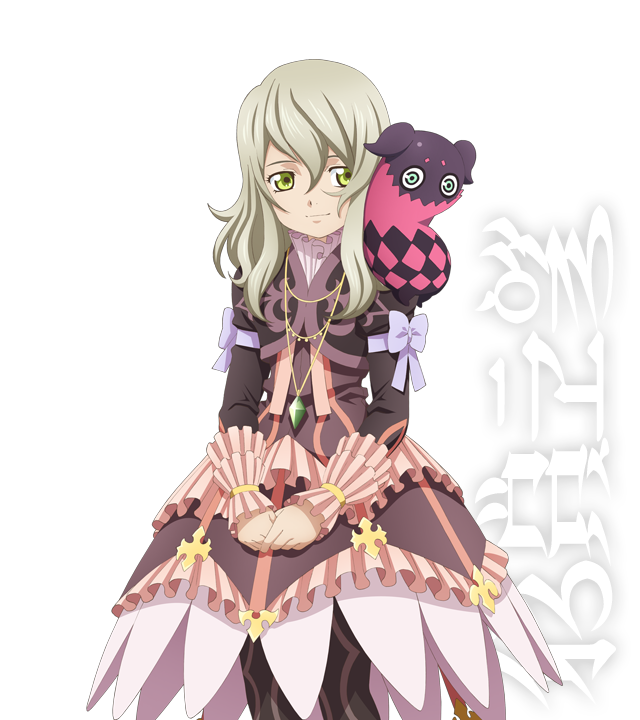 artist_request blonde_hair bow cropped_jacket doll dress elize_lutus frills green_eyes jewelry official_art pendant purple_dress ribbon short_hair smile tales_of_(series) tales_of_xillia teepo_(tales) transparent_background v_arms