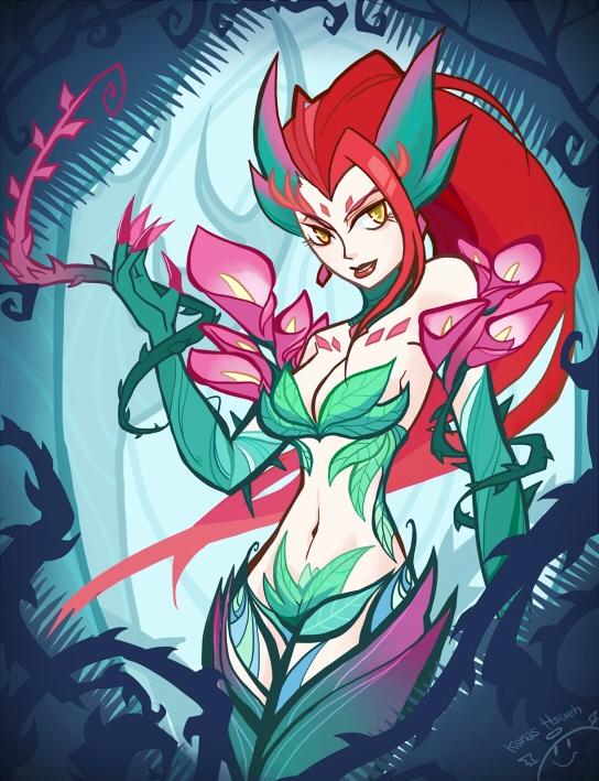 bare_shoulders breasts cleavage flower inkinesss leaf league_of_legends lips long_hair medium_breasts monster_girl navel plant red_hair signature solo thorns vines yellow_eyes zyra