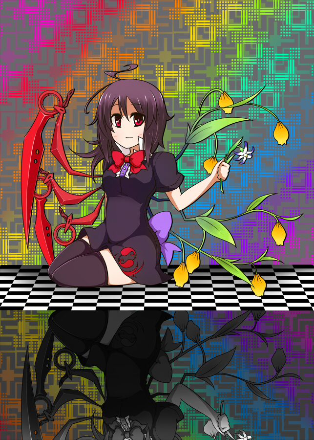 ahoge asymmetrical_wings black_hair black_legwear bow checkered checkered_floor earlgrey flower gradient gradient_background houjuu_nue no_nose red_eyes reflection short_hair short_sleeves sitting smile solo thighhighs touhou wings