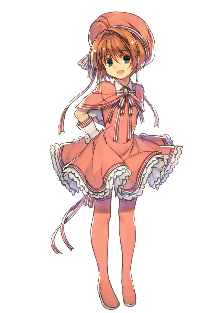 1girl :d antenna_hair boots brown_hair card_captor_sakura dress full_body gloves hair_ribbon hand_on_hip hat head_tilt kamitsurugi_ouka kinomoto_sakura looking_at_viewer neck_ribbon open_mouth pink_capelet pink_dress pink_footwear pink_hat pink_ribbon ribbon short_dress short_hair smile solo standing striped striped_ribbon thigh_boots thighhighs white_gloves