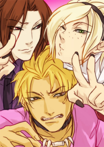 3boys ash_crimson black_nails blonde_hair brown_hair collar duo_lon freckles headband jewelry king_of_fighters lowres male male_focus multiple_boys nail_polish necklace peace_sign puckered_lips shen_woo v