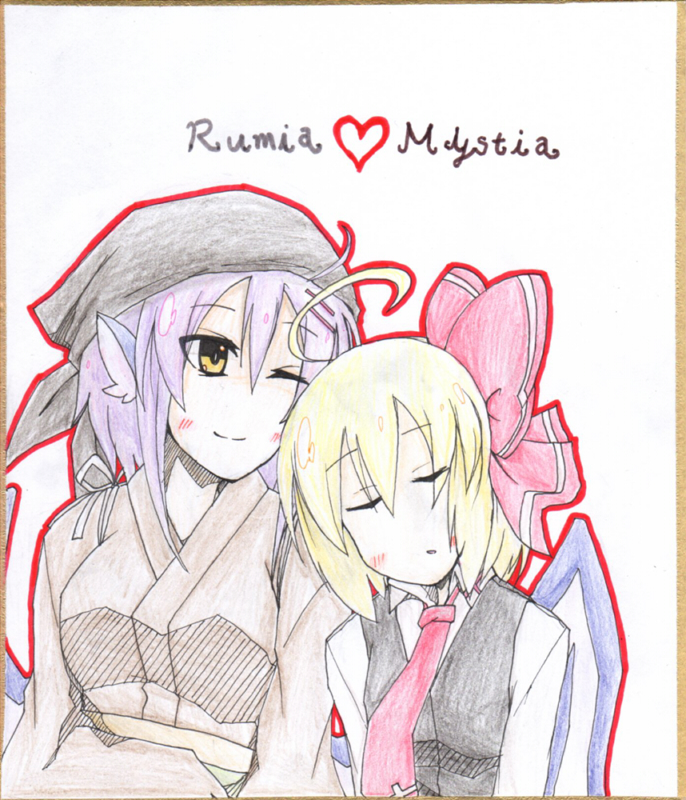 ahoge alternate_costume animal_ears bird_wings blonde_hair bow character_name closed_eyes earlgrey friends hair_bow head_scarf heart japanese_clothes long_sleeves low_wings multiple_girls mystia_lorelei necktie no_nose okamisty one_eye_closed pink_hair rumia shikishi short_hair simple_background touhou traditional_media white_background wings yellow_eyes
