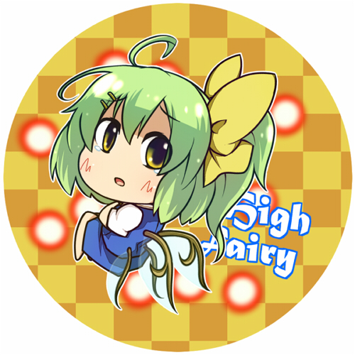 ahoge blush character_name daiyousei earlgrey engrish fairy_wings green_hair hair_ornament hairpin looking_back low_wings lowres multiple_wings no_nose open_mouth puffy_sleeves ranguage short_hair short_sleeves side_ponytail sitting solo tears touhou wings yellow_eyes
