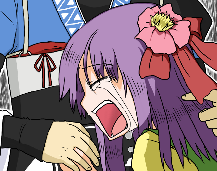 1girl closed_eyes commentary_request crying flower hair_flower hair_ornament hieda_no_akyuu japanese_clothes leaning_on_person morichika_rinnosuke open_mouth purple_hair sag_(karehabase) short_hair sobbing streaming_tears tears touhou