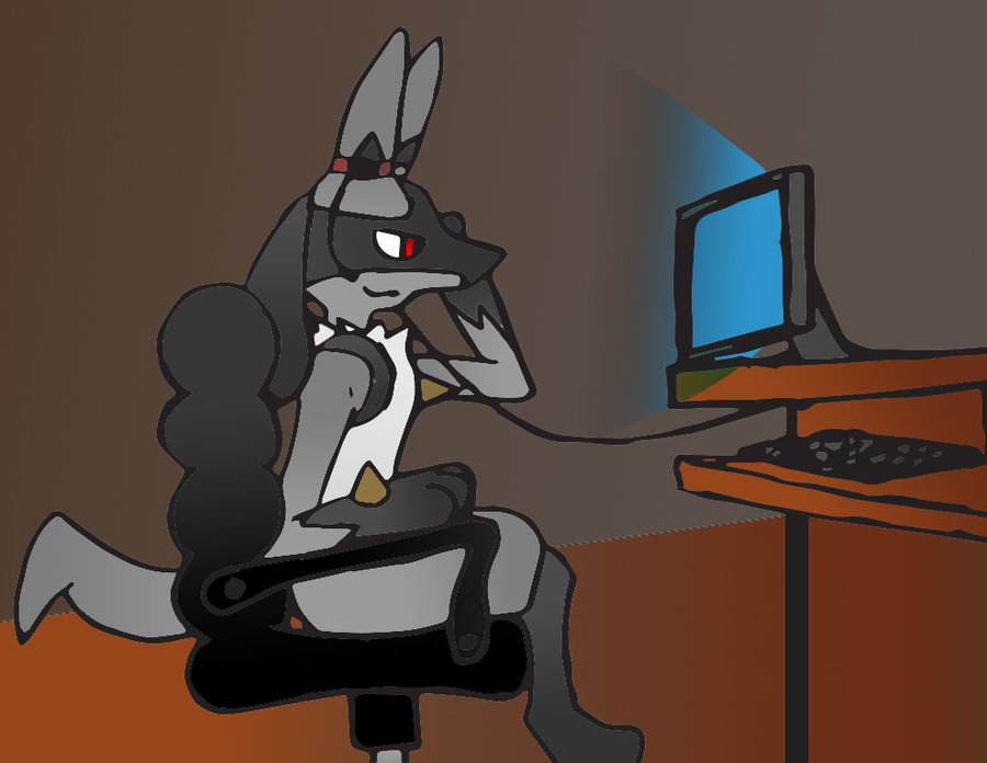 and at chair computer dark friends headset his invalid_color keyboard_(computer) lucario nintendo pc pok&#233;mon pok&eacute;mon red_eyes surfing talking text the unknown_artist video_games web with