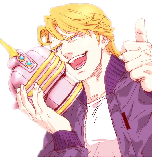 blonde_hair blue_jacket bomber_jacket helmet jacket keith_goodman male_focus mamemo_(daifuku_mame) sky_high solo thumbs_up tiger_&amp;_bunny