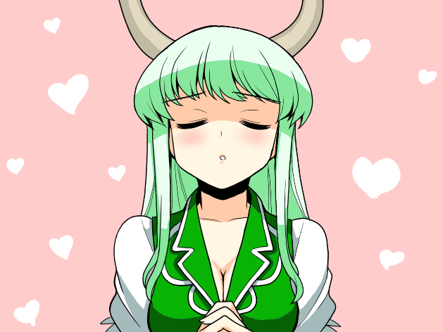blush breasts cleavage closed_eyes collarbone ex-keine green_hair hat heart horns kamishirasawa_keine large_breasts long_hair mono_(moiky) puffy_sleeves solo touhou