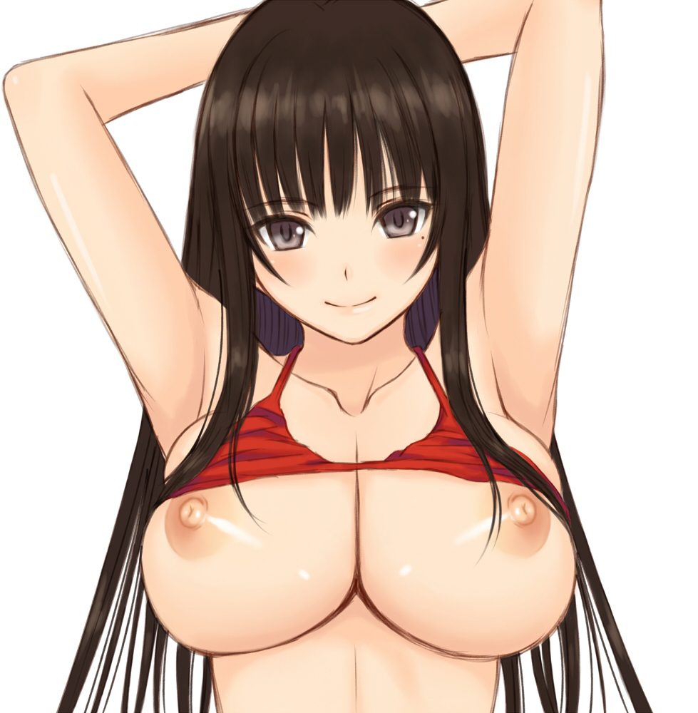 armpits arms_up bad_id bad_pixiv_id bikini bikini_lift breasts brown_eyes brown_hair cleavage kamimiya large_breasts long_hair looking_at_viewer mole mole_under_eye nipples original outstretched_arms parody red_bikini simple_background smile solo style_parody swimsuit white_background