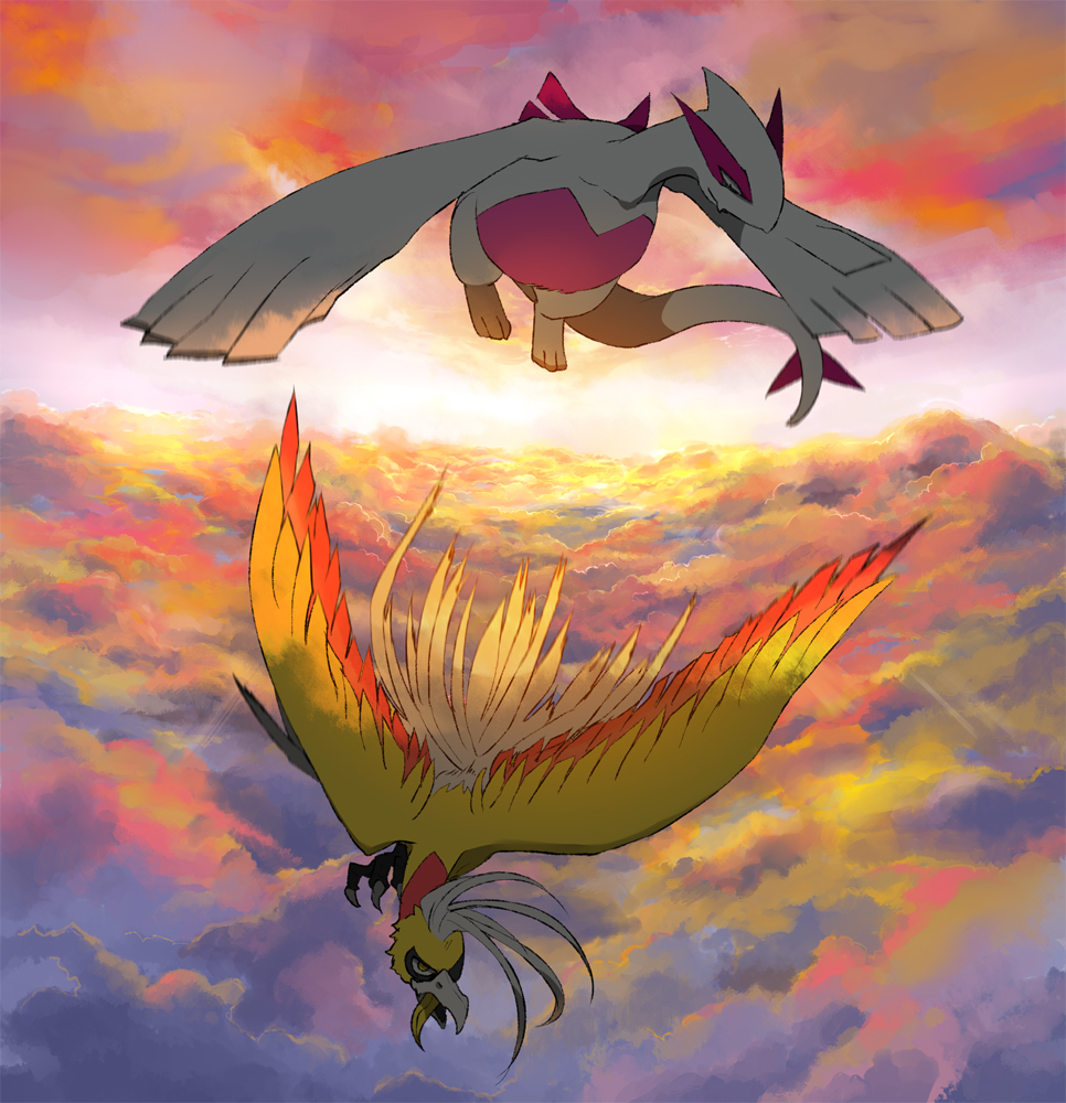 bird cloud creature dark flying gen_2_pokemon ho-oh kikken lugia no_humans pokemon pokemon_(creature) shiny_pokemon sky sunset