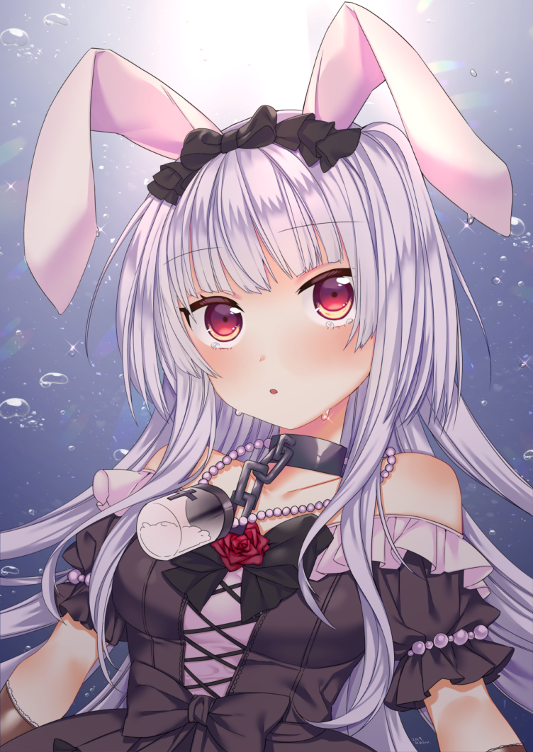 1girl :o air_bubble animal_ears bare_shoulders black_choker black_dress black_ribbon blue_background bow breasts brown_gloves bubble bunny_ears chains choker collarbone commentary_request dress elbow_gloves flower glint gloves gradient gradient_background hair_bow jar jewelry lavender_hair long_hair looking_at_viewer miniru necklace nijisanji raglan_sleeves red_eyes red_flower red_rose ribbon rose sidelocks small_breasts solo strapless strapless_dress tears tsukimi_shizuku upper_body very_long_hair