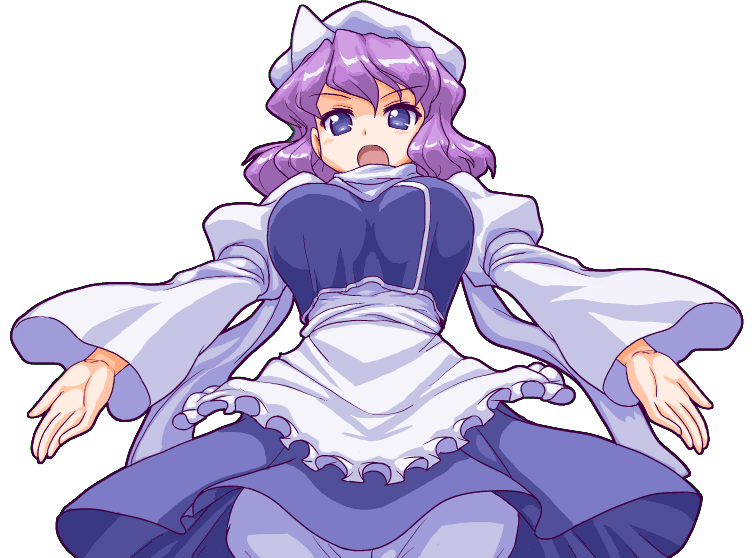 apron breasts hat large_breasts letty_whiterock long_sleeves mono_(moiky) puffy_sleeves purple_eyes purple_hair short_hair solo touhou transparent_background wide_sleeves