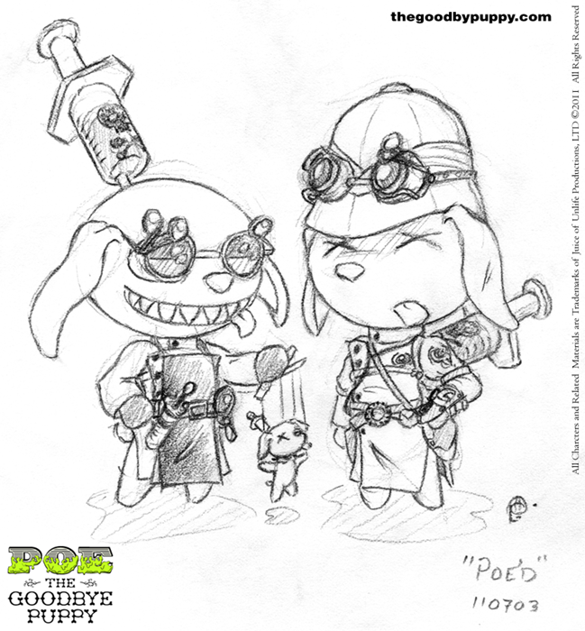 canine caricature collar costume cub dog doktor_a doktor_a_(character) eyewear furrification goggles hat helmet holster labcoat mad_scientist mammal phaeton99 pith_helmet poe_the_goodbye_puppy pouch professor_h professor_h_(character) puppet sketch spiked_collar straps strings syringe teeth tongue tongue_out undead uniform utility_belt young zombie