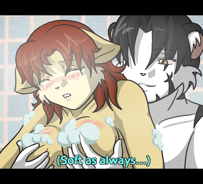 blush breast_fondling breasts bubble bubbles censored chris_(character) christopherlee convenient_censorship eyes_closed feline female fondling hair likemaniac_(character) male mammal red_hair straight subtitled tiger water white_tiger