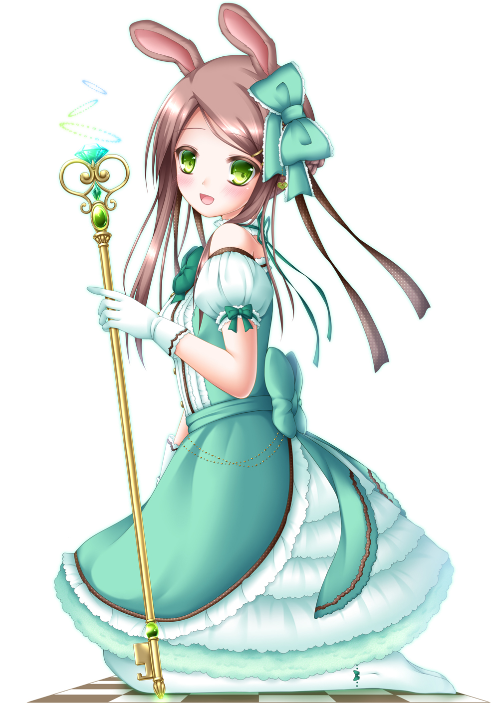 :d animal_ears bare_shoulders blush braid brown_hair checkered checkered_floor dress gloves green_eyes hair_ornament hair_ribbon hairclip highres kneeling long_hair looking_at_viewer no_shoes open_mouth original ribbon shitou simple_background smile solo staff white_background white_gloves white_legwear