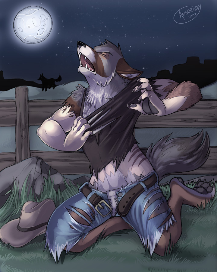 angrboda anthro belt black_nose canine claws clothed clothing cowboy cowboy_hat coyote eyes_closed fence feral full_moon grass hat hindpaw howl jeans kneeling mammal moon night open_mouth outside pants paws shirt stars teeth tongue torn_clothing transformation whiskers