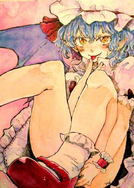 bat_wings blue_hair blush dress fang finger_to_mouth looking_at_viewer mary_janes meiji_(charisma_serve) pointy_ears remilia_scarlet shoes short_hair short_sleeves smile solo tongue tongue_out touhou wings wrist_cuffs yellow_eyes