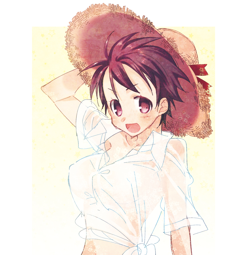 :d bad_id bad_pixiv_id blouse breasts brown_eyes brown_hair covered_nipples ctr_sn genderswap genderswap_(mtf) hand_on_headwear hat looking_at_viewer luffyko medium_breasts midriff monkey_d_luffy one_piece open_mouth perky_breasts scar see-through short_hair smile solo straw_hat