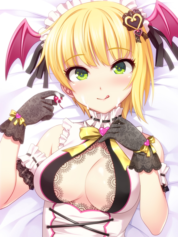 :q bat_wings blonde_hair blush breasts center_opening cherry cleavage corset cream dress floral_print food fruit gloves green_eyes hair_ornament headdress idolmaster idolmaster_cinderella_girls large_breasts looking_at_viewer maid_headdress miyamoto_frederica open_mouth print_gloves short_hair smile solo suggestive_fluid tongue tongue_out totokichi wings