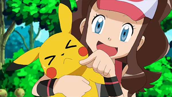 &gt;_&lt; baseball_cap blue_eyes brown_hair closed_eyes gen_1_pokemon hat noyeshr pikachu pokemon pokemon_(anime) pokemon_(creature) pokemon_(game) pokemon_bw sweatdrop touko_(pokemon)
