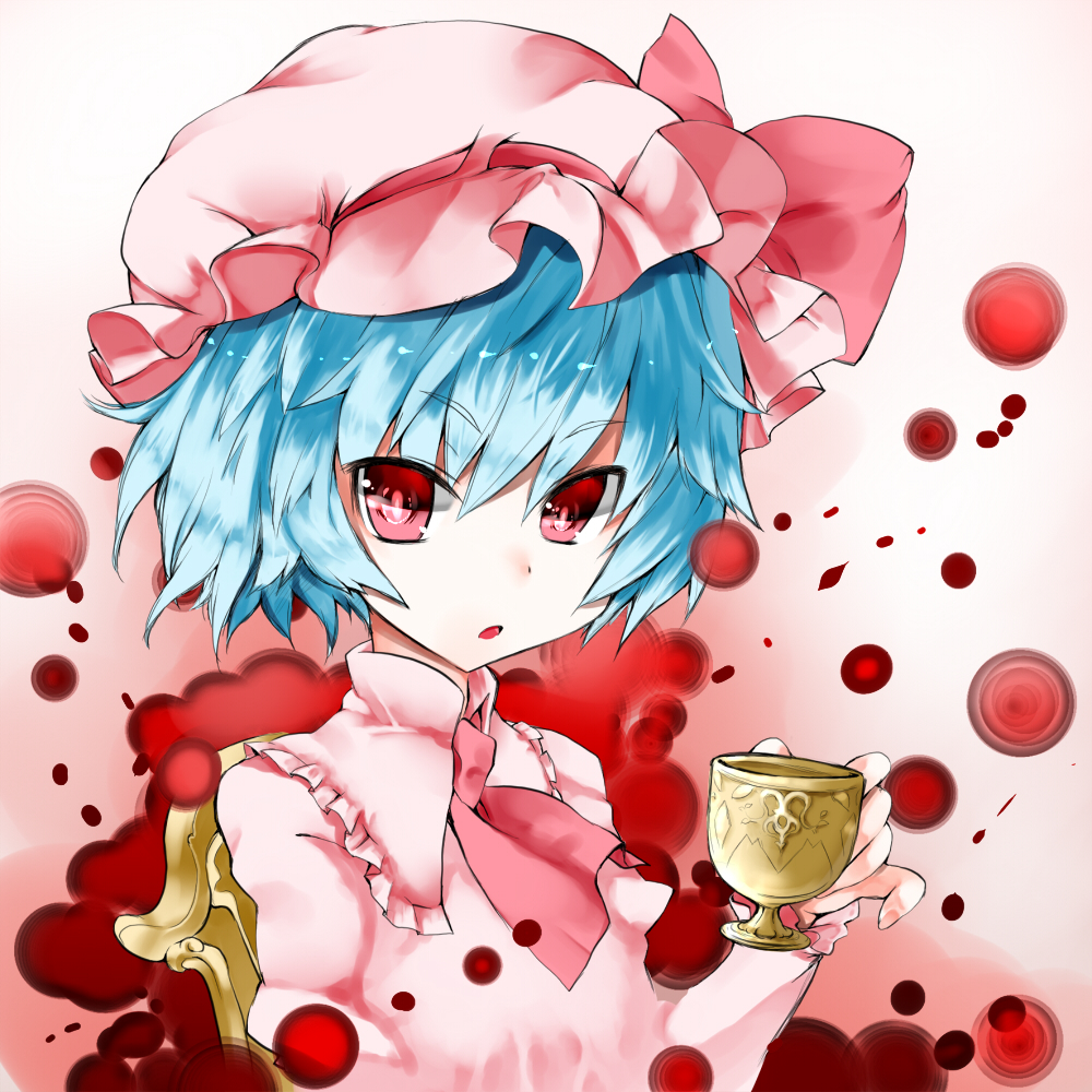 :o ascot bad_id bad_pixiv_id blue_hair blush chair colorized cup face hage haori_iori hat looking_at_viewer open_mouth pinky_out red_eyes remilia_scarlet short_hair sitting solo touhou tsurime upper_body