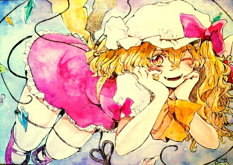 ascot blonde_hair blush chin_rest fang flandre_scarlet laevatein looking_at_viewer meiji_(charisma_serve) one_eye_closed open_mouth pointy_ears short_hair short_sleeves smile solo touhou wings yellow_eyes