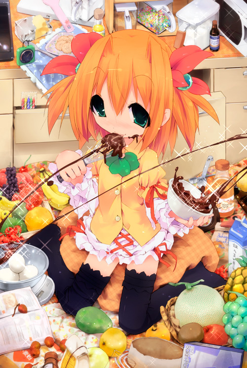 banana black_legwear bottle butter chocolate chocolate_making cooking copyright_request food fruit grapes green_eyes kuroba_u licking melon mixing_bowl muskmelon no_shoes orange orange_hair pineapple solo thighhighs whisk