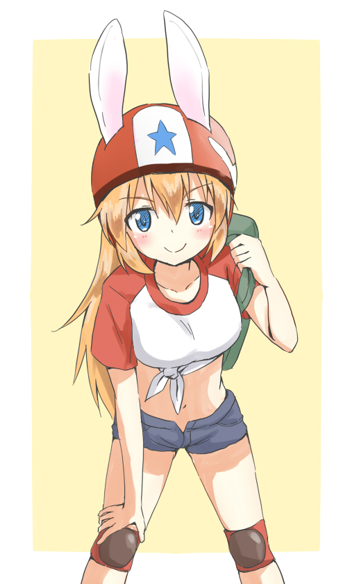 animal_ears backpack bag bent_over blonde_hair blue_eyes blush breasts bunny_ears charlotte_e_yeager ears_through_headwear hand_on_own_knee hatopoo_(beach7pijon) helmet knee_pads long_hair medium_breasts midriff navel raglan_sleeves shirt short_shorts shorts smile solo star strike_witches t-shirt tied_shirt world_witches_series younger