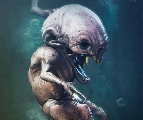 alien bubbles creepy fang fetus open_mouth teeth tongue